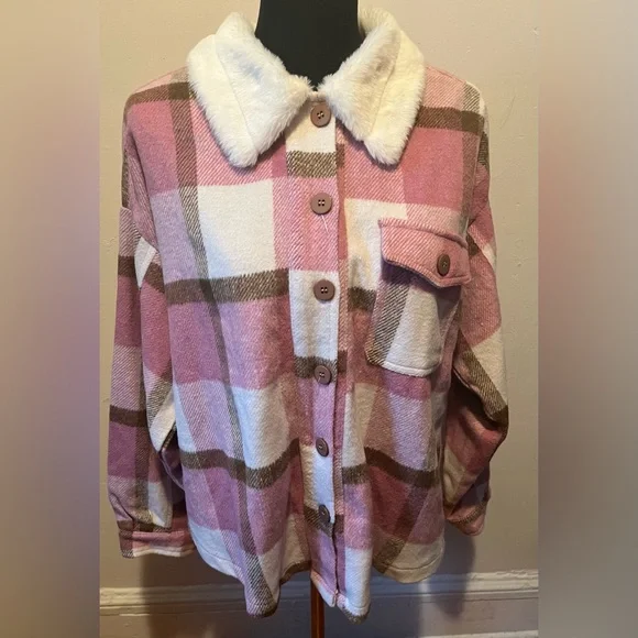 Umgee Plaid Brushed Flannel Shacket With Faux Fur Collar Size M - Picture 2 of 10